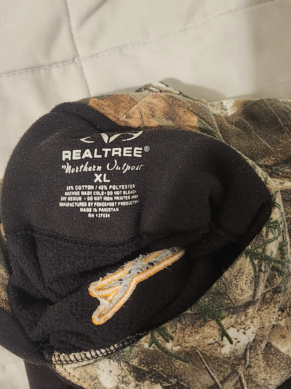 Realtree Black Hoodie with Orange Logo and Camo Hood Trim